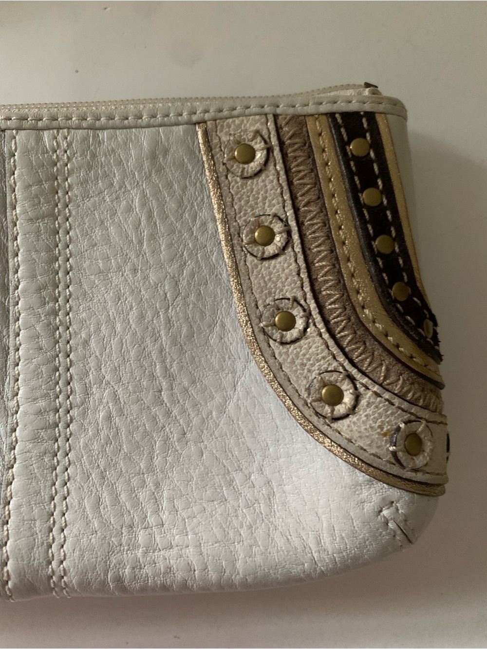 Coach Soho Embroidered Stitch Studded Wristlet, Pebbled White Leather, Gold Stud - Picture 3 of 14
